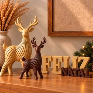 Kit Natalino 2 Renas Encantadas – Casal de Renas Decorativas com Plaquinha Feliz Natal para Mesa e Estante